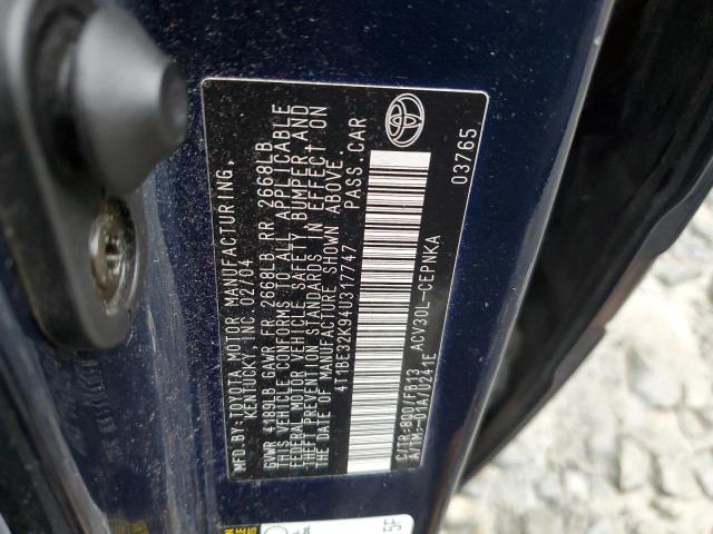 4T1BE32K94U317747 - 2004 TOYOTA CAMRY LE BLUE photo 12