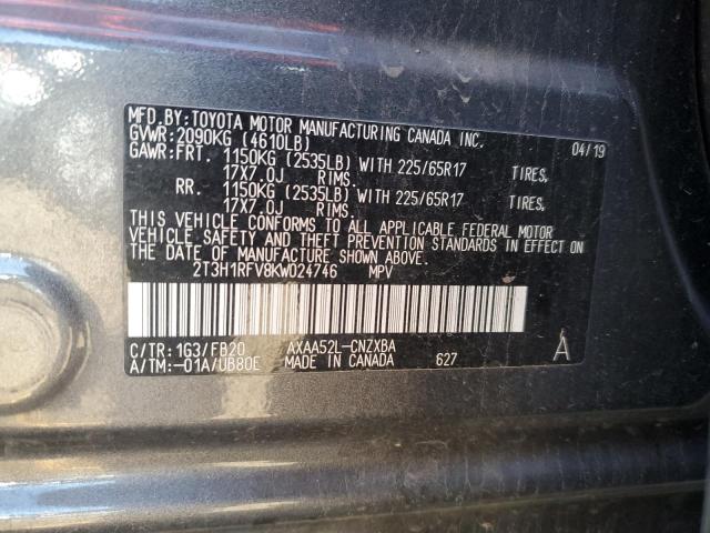 2T3H1RFV8KW024746 - 2019 TOYOTA RAV4 LE GRAY photo 12