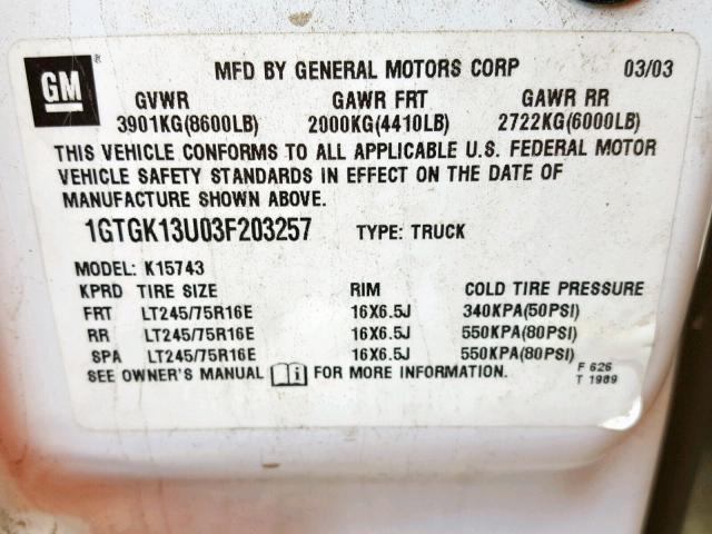 1GTGK13U03F203257 - 2003 GMC SIERRA K1500 HEAVY DUTY  photo 10