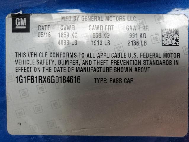 1G1FB1RX6G0184616 - 2016 CHEVROLET CAMARO LT BLUE photo 13