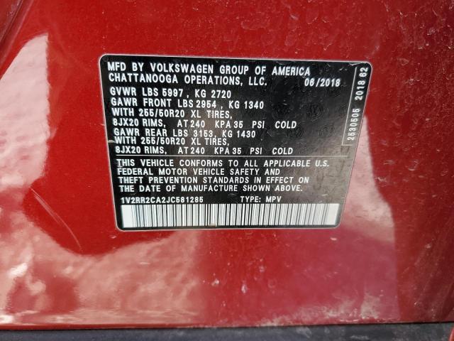 1V2RR2CA2JC581285 - 2018 VOLKSWAGEN ATLAS SEL Bordo foto 13