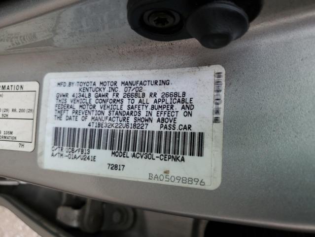 4T1BE32K22U618227 - 2002 TOYOTA CAMRY LE GRAY photo 12