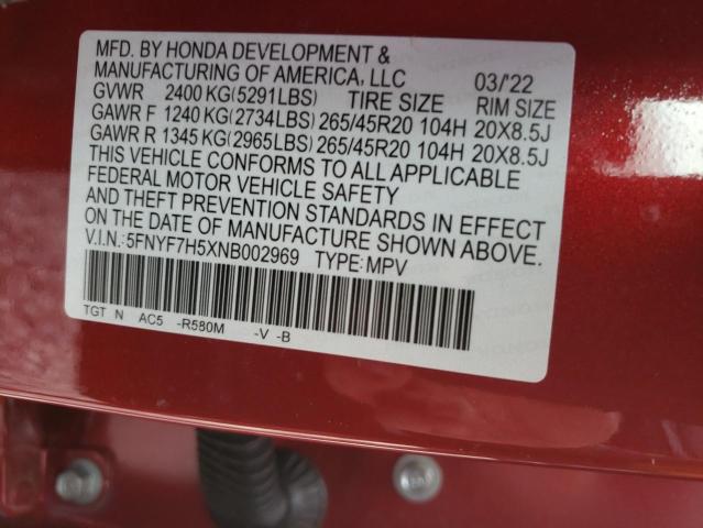 5FNYF7H5XNB002969 - 2022 HONDA PASSPORT EXL RED photo 13