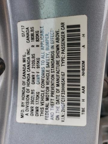 2HGFC1F33HH654167 - 2017 HONDA CIVIC EX GRAY photo 12