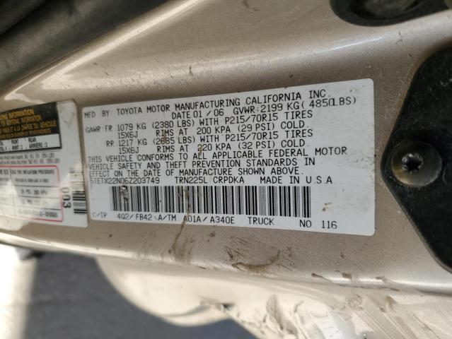 5TETX22N06Z203749 - 2006 TOYOTA TACOMA ACCESS CAB CREAM photo 12