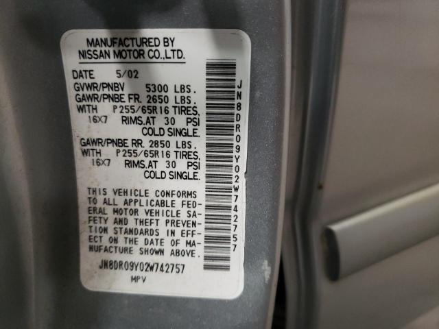 JN8DR09Y02W742757 - 2002 NISSAN PATHFINDER LE ვერცხლისფერი ფოტო 12