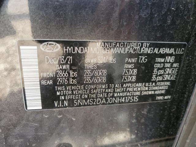 5NMS2DAJ0NH417515 - 2022 HYUNDAI SANTA FE SEL CHARCOAL photo 12