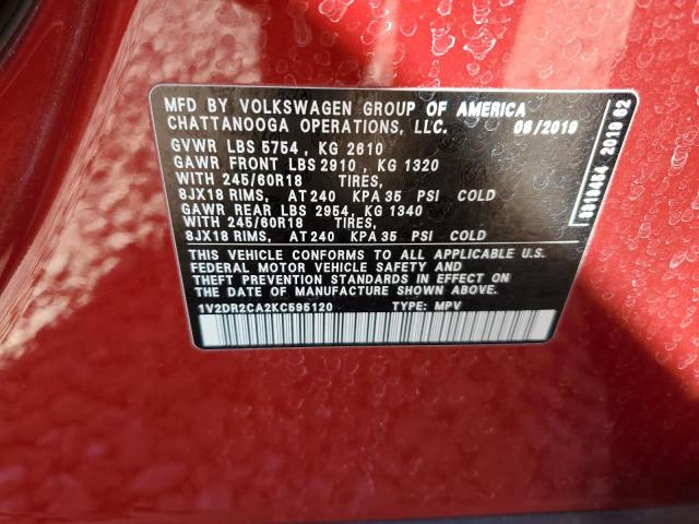 1V2DR2CA2KC595120 - 2019 VOLKSWAGEN ATLAS SE RED photo 13