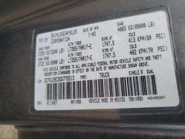 3D7KU28C93G776513 - 2003 DODGE RAM 2500 ST GRAY photo 12