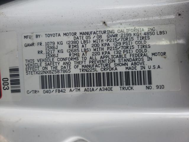 5TETX22NX8Z587865 - 2008 TOYOTA TACOMA ACCESS CAB WHITE photo 12