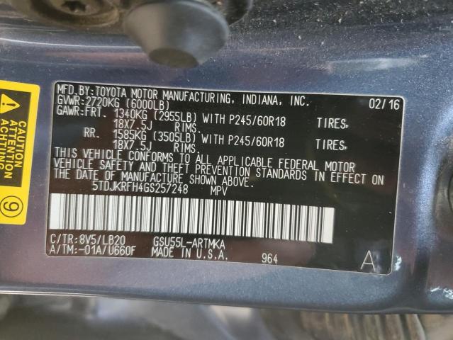 5TDJKRFH4GS257248 - 2016 TOYOTA HIGHLANDER XLE BLUE photo 13