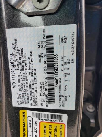 3FA6P0HD5KR281055 - 2019 FORD FUSION SE GRAY photo 12