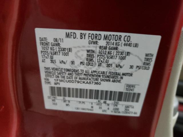 1FMCU0D79CKA57360 - 2012 FORD ESCAPE XLT RED photo 13
