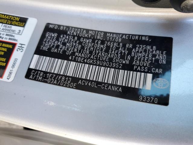 4T1BE46K59U903952 - 2009 TOYOTA CAMRY BASE SILVER photo 13