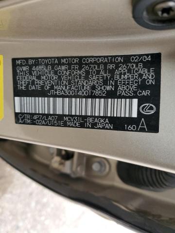 JTHBA30G140017852 - 2004 LEXUS ES 330 GOLD photo 12