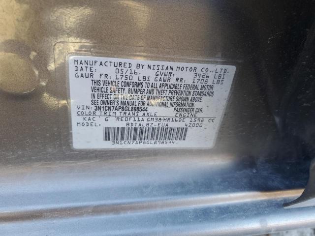 3N1CN7AP8GL898544 - 2016 NISSAN VERSA S GRAY photo 12