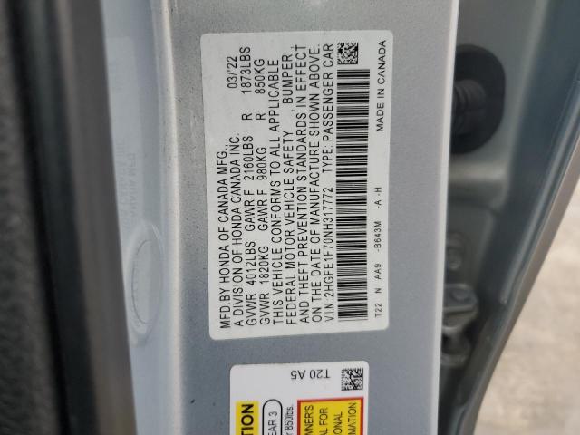 2HGFE1F70NH317772 - 2022 HONDA CIVIC EX BLUE photo 12