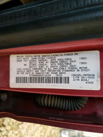 5TEGN92N94Z310134 - 2004 TOYOTA TACOMA DOUBLE CAB PRERUNNER RED photo 12