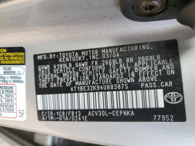 4T1BE32K94U883875 - 2004 TOYOTA CAMRY LE SILVER photo 12