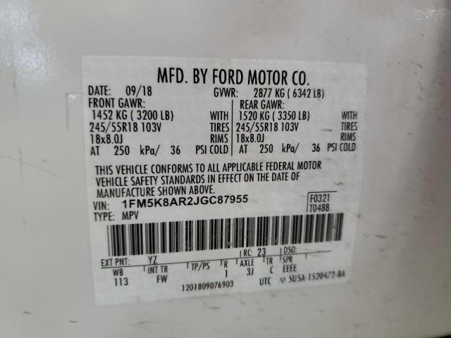 1FM5K8AR2JGC87955 - 2018 FORD EXPLORER POLICE INTERCEPTOR თეთრი ფოტო 12