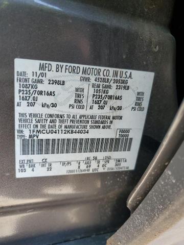 1FMCU04112KB44034 - 2002 FORD ESCAPE XLT GRAY photo 12