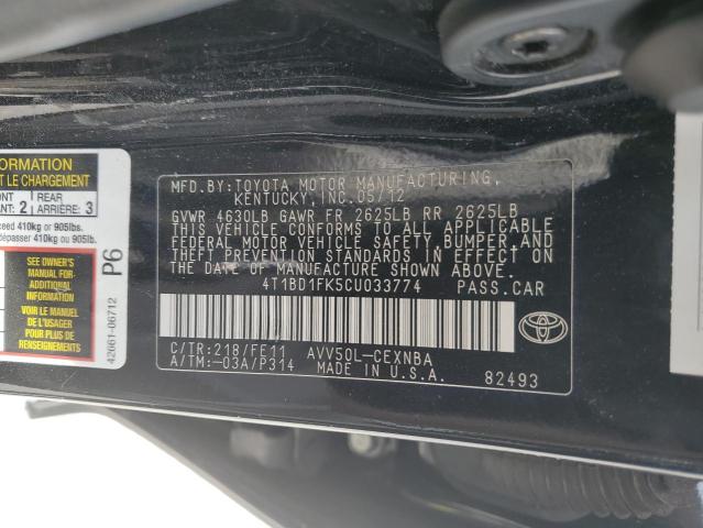 4T1BD1FK5CU033774 - 2012 TOYOTA CAMRY HYBRID BLACK photo 12