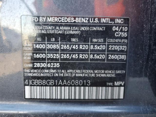 4JGBB8GB1AA608013 - 2010 MERCEDES-BENZ ML 350 4MATIC GRAY photo 13