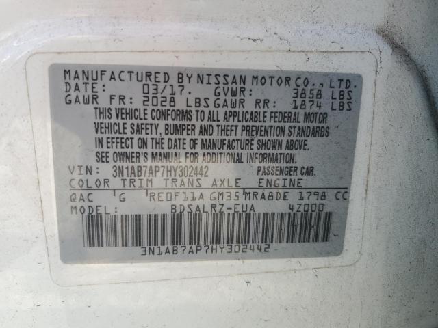 3N1AB7AP7HY302442 - 2017 NISSAN SENTRA S WHITE photo 12