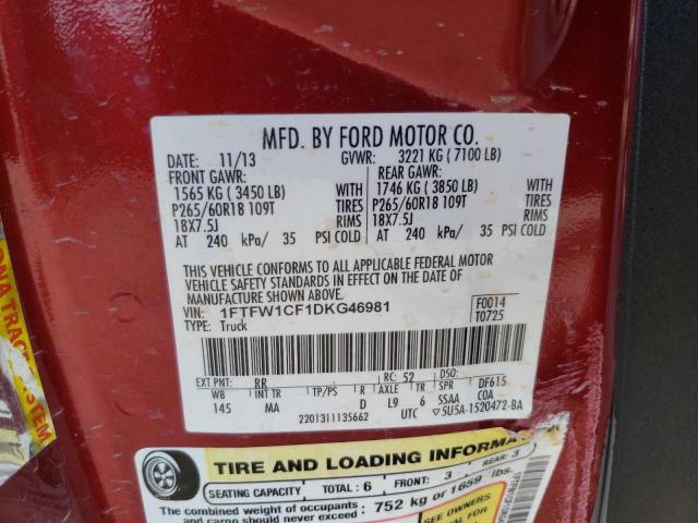 1FTFW1CF1DKG46981 - 2013 FORD F150 SUPERCREW RED photo 13