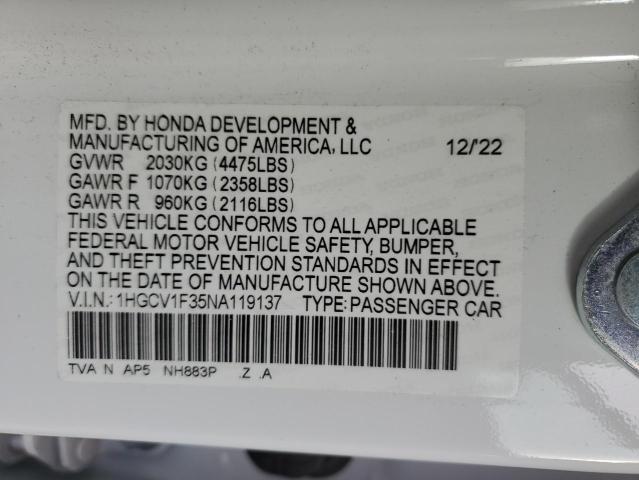 1HGCV1F35NA119137 - 2022 HONDA ACCORD SPORT WHITE photo 12