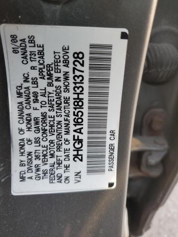 2HGFA16518H313728 - 2008 HONDA CIVIC LX SILVER photo 12