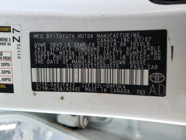 2T1KR32E57C660575 - 2007 TOYOTA COROLLA MA XR WHITE photo 13