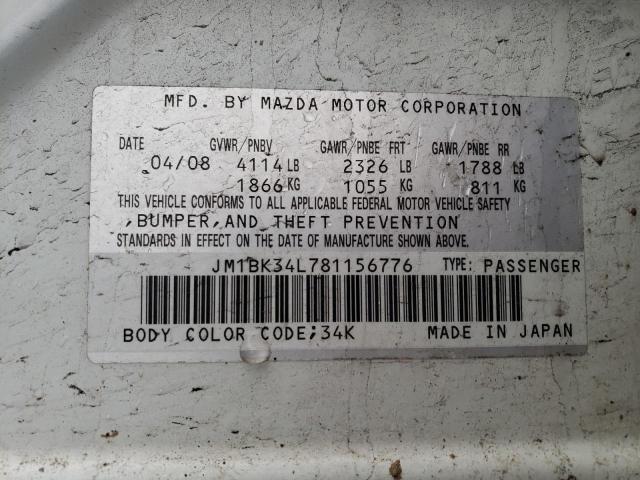 JM1BK34L781156776 - 2008 MAZDA SPEED 3 WHITE photo 12