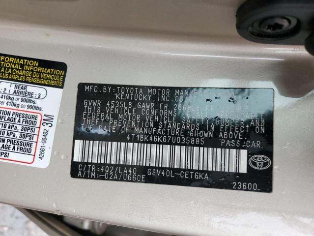 4T1BK46K67U035885 - 2007 TOYOTA CAMRY LE GOLD photo 13