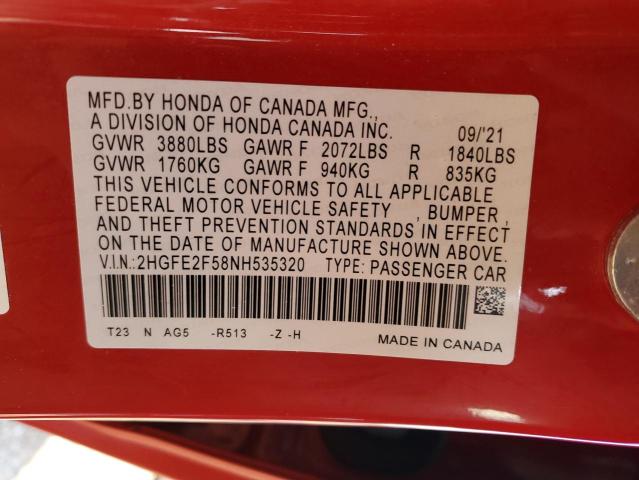 2HGFE2F58NH535320 - 2022 HONDA CIVIC SPORT 红色 照片 13