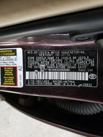 4T1BK3DBXCU465880 - 2012 TOYOTA AVALON BASE 勃艮第红 照片 12