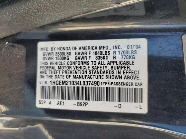 1HGEM21034L037490 - 2004 HONDA CIVIC EX BLACK photo 12