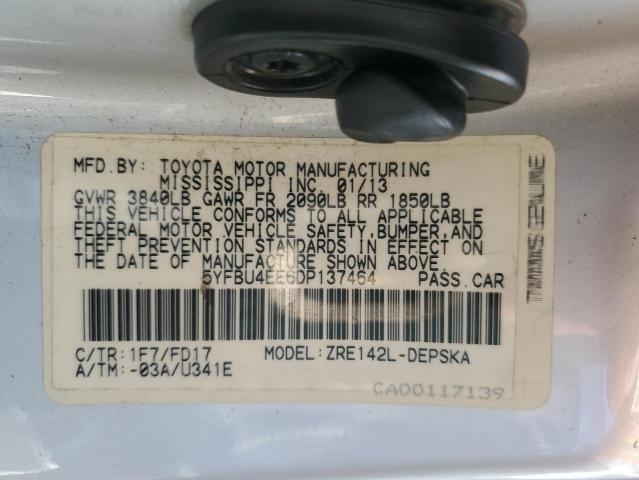 5YFBU4EE6DP137464 - 2013 TOYOTA COROLLA BASE SILVER photo 12