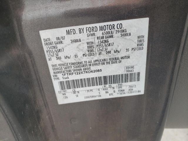 1FTRF122X7KD62085 - 2007 FORD F150 GRAY photo 12