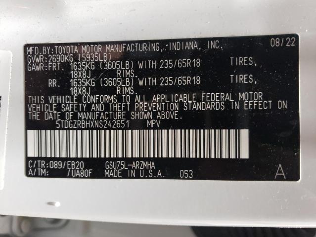 5TDGZRBHXNS242651 - 2022 TOYOTA HIGHLANDER XLE WHITE photo 13