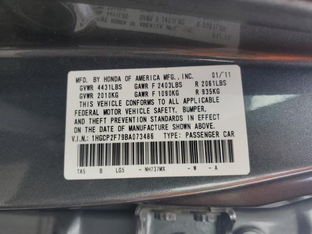 1HGCP2F79BA073486 - 2011 HONDA ACCORD EX GRAY photo 12