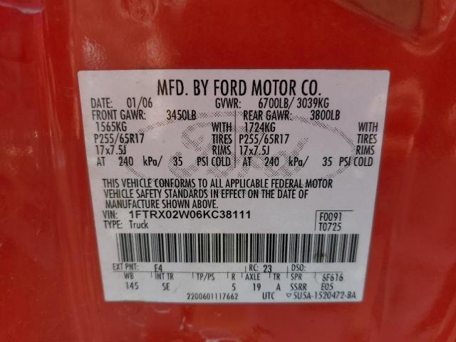 1FTRX02W06KC38111 - 2006 FORD F150 RED photo 12