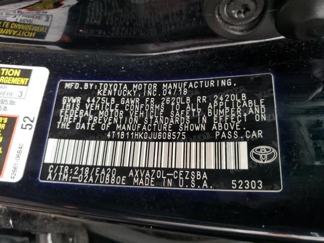 4T1B11HK0JU608575 - 2018 TOYOTA CAMRY L BLACK photo 12