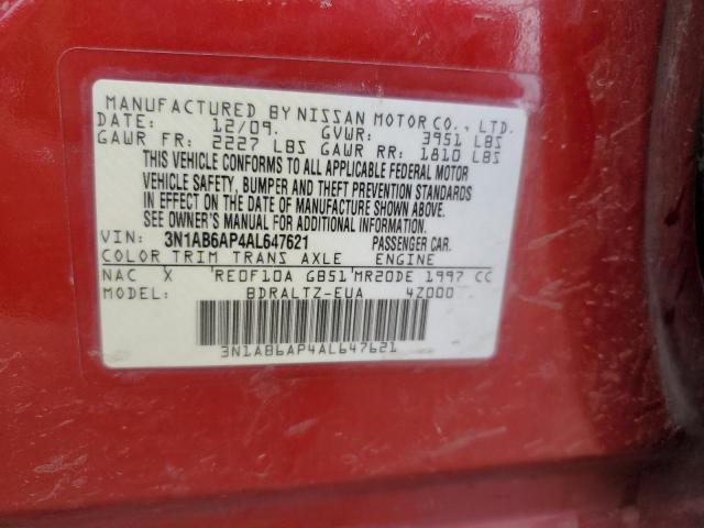 3N1AB6AP4AL647621 - 2010 NISSAN SENTRA 2.0 RED photo 12