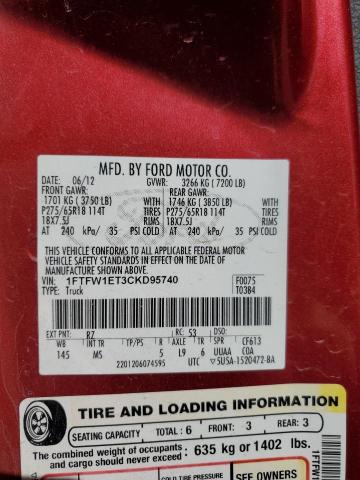 1FTFW1ET3CKD95740 - 2012 FORD F150 SUPERCREW RED photo 12