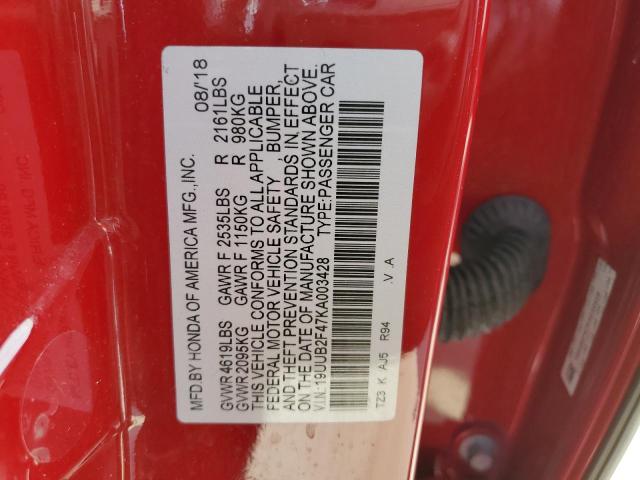 19UUB2F47KA003428 - 2019 ACURA TLX TECHNOLOGY RED photo 12