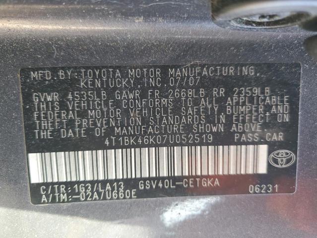 4T1BK46K07U052519 - 2007 TOYOTA CAMRY LE GRAY photo 12