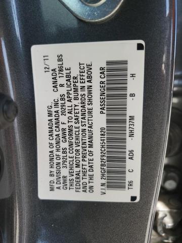 2HGFB2F92CH541820 - 2012 HONDA CIVIC EXL ნაცრისფერი ფოტო 12