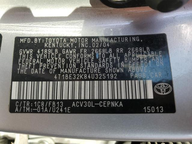 4T1BE32K84U325192 - 2004 TOYOTA CAMRY LE SILVER photo 12