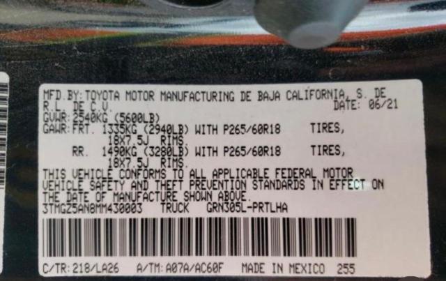 3TMGZ5AN8MM430003 - 2021 TOYOTA TACOMA DOUBLE CAB 黑色 照片 10